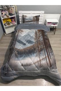 Welsoft Pofuduk Çift Taraflı KIŞ MANZARALI Desenli Tek Kişilik Yorgan Uyku Seti