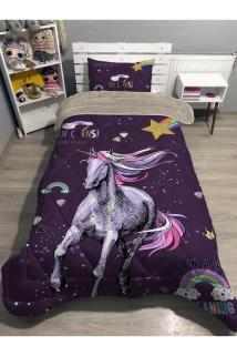 Welsoft Pofuduk Çift Taraflı Mor Unicorn Desenli Tek Kişilik Yorgan Uyku Seti
