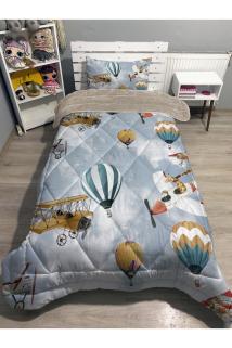 Welsoft Pofuduk Çift Taraflı UÇAKLLAR VE BALONLAR Desenli Tek Kişilik Yorgan Uyku Seti