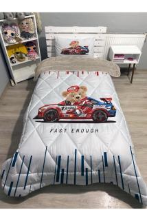 Welsoft Pofuduk Çift Taraflı YARIŞ ARABALI AYICIK Desenli Tek Kişilik Yorgan Uyku Seti