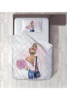 Gül Buketli Kız Dijital Baskılı Tek Kişilik Yorgan Set