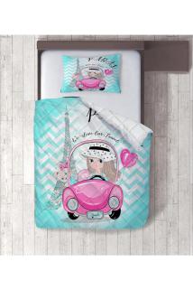 Pembe Arabalı Kız Dijital Baskılı Tek Kişilik Yorgan Set
