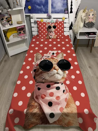 Puantiyerli Kedi Tek Kişilik Pike ve Yastık Kılıfı