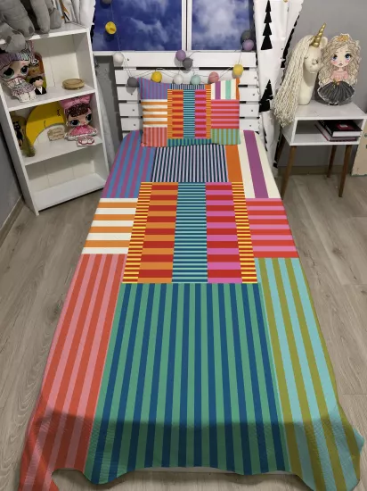 Renkli Şeritler Tek Kişilik Pike ve Yastık Kılıfı