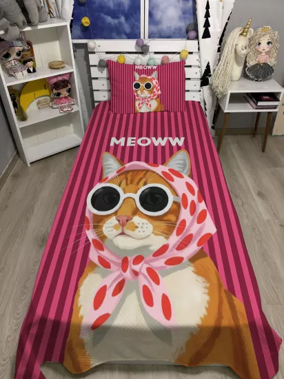 Retro Kedi Tek Kişilik Pike ve Yastık Kılıfı