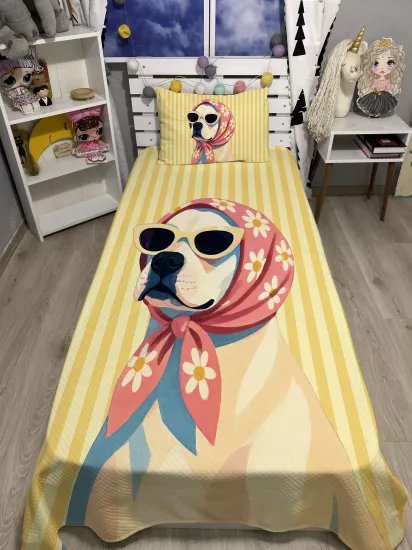 Retro Köpek Tek Kişilik Pike ve Yastık Kılıfı