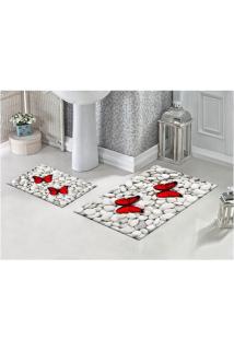 Çakıl Taşları Ve Kırmızı Kelebekler 3d Desenli Dijital Baskılı Banyo Paspası
