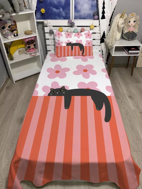 Şeritli Uykucu Kedi Tek Kişilik Pike ve Yastık Kılıfı